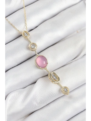 Pirinç Zincir Pembe Gold Renk Zirkon Taşlı Y Kolye