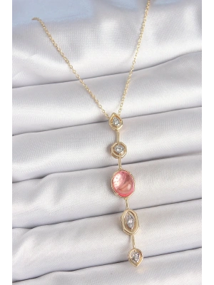 Pirinç Zincir Pembe Gold Renk Zirkon Taşlı Y Kolye