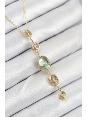 Pirinç Zincir Yeşil Gold Renk Zirkon Taşlı Y Kolye