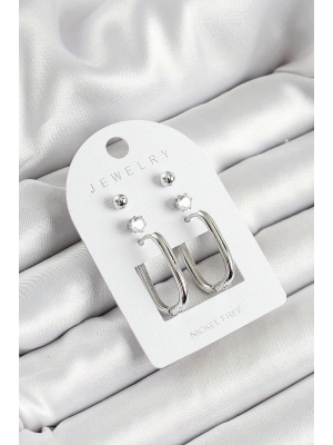 Pirinç Zirkon Taş Ve Dikdörtgen Figürlü Gümüş Renk 3lü Çift Kadın Küpe Set