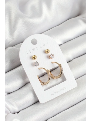 Pirinç Zirkon Taş Ve Halka Figürlü Gold Renk 3lü Çift Kadın Küpe Set