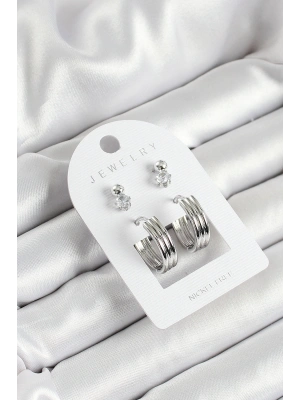 Pirinç Zirkon Taş Ve Halka Figürlü Gümüş Renk 3lü Çift Kadın Küpe Set