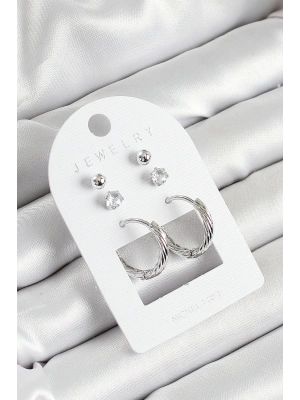 Pirinç Zirkon Taş Ve Halka Figürlü Gümüş Renk 3lü Çift Kadın Küpe Set