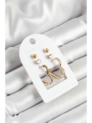 Pirinç Zirkon Taş Ve Kalp Figürlü Gold Renk 3lü Çift Kadın Küpe Set