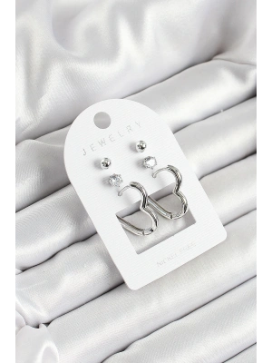 Pirinç Zirkon Taş Ve Kalp Figürlü Gümüş Renk 3lü Çift Kadın Küpe Set