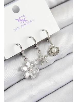 Pirinç Zirkon Taşlı 3lü Çiçek Ve İstiridye Model Gümüş Renk Kadın Küpe