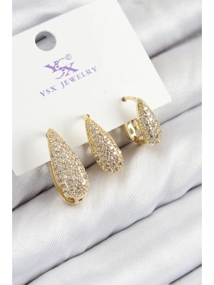 Pirinç Zirkon Taşlı 3lü Damla Model Gold Renk Kadın Küpe