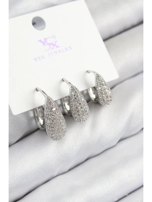 Pirinç Zirkon Taşlı 3lü Damla Model Gümüş Renk Kadın Küpe