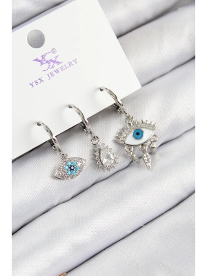 Pirinç Zirkon Taşlı 3lü Fatmanın Gözü Model Gümüş Renk Kadın Küpe