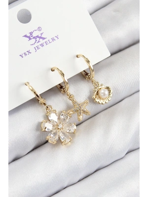 Pirinç Zirkon Taşlı 3lü İstiridye Ve Çiçek Model Gold Renk Kadın Küpe