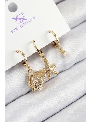 Pirinç Zirkon Taşlı 3lü İstiridye Ve Yıldız Model Gold Renk Kadın Küpe