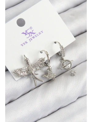 Pirinç Zirkon Taşlı 3lü Kuş Model Gümüş Renk Kadın Küpe