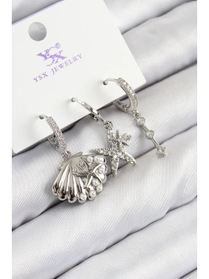 Pirinç Zirkon Taşlı 3lü Yıldız Ve İstiridye Model Gümüş Renk Kadın Küpe