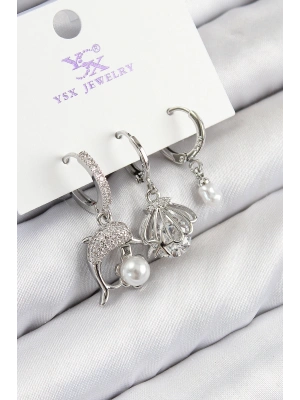 Pirinç Zirkon Taşlı 3lü Yunus Balığı Ve İstiridye Model Gümüş Renk Kadın Küpe