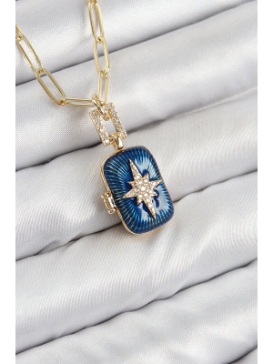 Pirinç Zirkon Taşlı Açılabilir Kutup Yıldızı Model Gold Renk Kadın Kolye