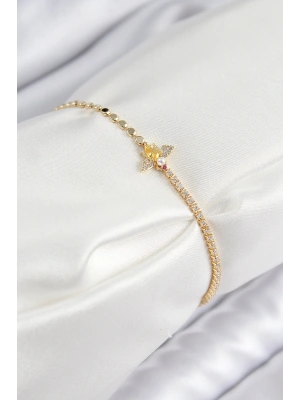 Pirinç Zirkon Taşlı Arı Model Ezme Zincir Gold Renk Kadın Bileklik