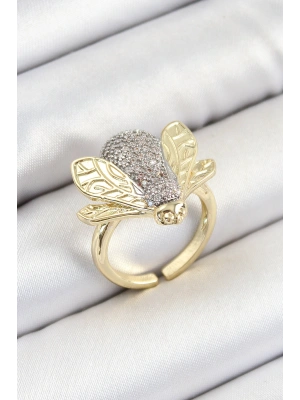 Pirinç Zirkon Taşlı Arı Model Gümüş Ve Gold Renk Kadın Yüzük