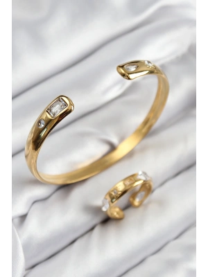 Pirinç Zirkon Taşlı Ayrık Model Gold Renk Bileklik Yüzük Set