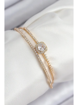 Pirinç Zirkon Taşlı Baget Model Gold Renk Kadın Bileklik