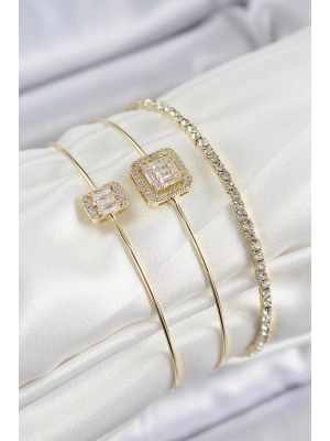 Pirinç Zirkon Taşlı Baget Model Gold Renk Vip 3lü Kadın Bileklik