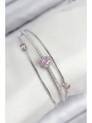 Pirinç Zirkon Taşlı Baget Model Gümüş Renk Kadın Bileklik