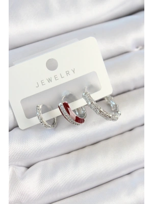 Pirinç Zirkon Taşlı Bordo Pembe Halka Model Gümüş Renk 3lü Çift Kadın Küpe Set