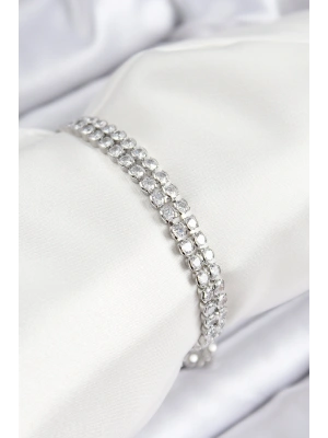 Pirinç Zirkon Taşlı Çift Sıra Model Gümüş Renk Asansörlü Kadın Bileklik