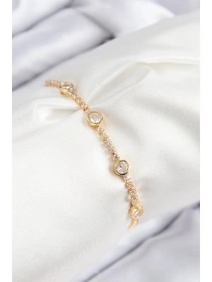 Pirinç Zirkon Taşlı Daire Model Gold Renk Asansörlü Kadın Bileklik