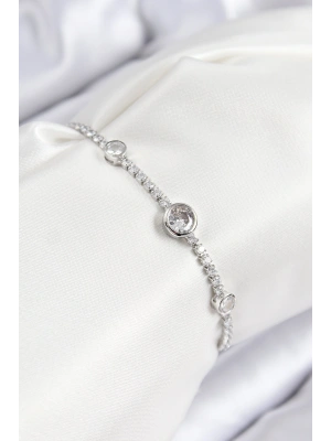 Pirinç Zirkon Taşlı Daire Model Gümüş Renk Asansörlü Kadın Bileklik