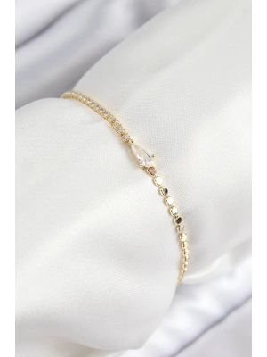 Pirinç Zirkon Taşlı Damla Model Ezme Zincir Gold Renk Kadın Bileklik