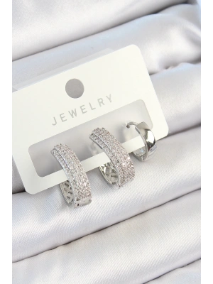 Pirinç Zirkon Taşlı Damla Model Gümüş Renk 3lü Çift Kadın Küpe Set