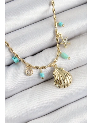 Pirinç Zirkon Taşlı Deniz Kabuğu Model Gold Renk Kadın Kolye