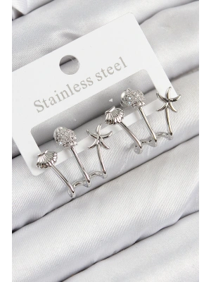 Pirinç Zirkon Taşlı Deniz Yıldızı ve İstiridye Model Gümüş Renk Kadın Küpe