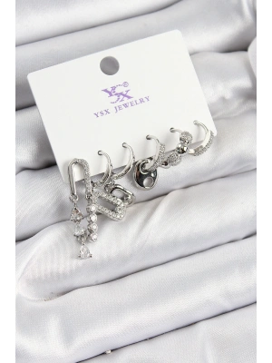 Pirinç Zİrkon Taşlı Dikdörtgen Model Gümüş Renk 3lü Çift Kadın Küpe