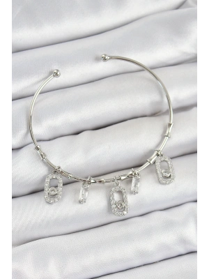 Pirinç Zirkon Taşlı Dikdörtgen Model Gümüş Renk Charm Bileklik