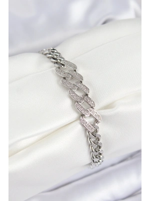 Pirinç Zirkon Taşlı Ezme Küba Zincir Model Gümüş Renk Kadın Bileklik