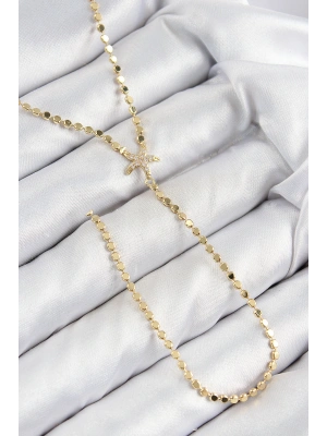 Pirinç Zirkon Taşlı Ezme Zincirli Deniz Yıldızı Model Gold Renk Y Kolye