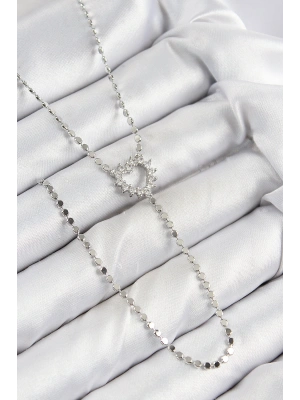 Pirinç Zirkon Taşlı Ezme Zincirli Kalp Model Gümüş Renk Y Kolye