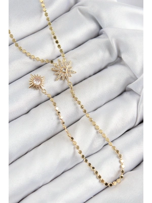 Pirinç Zirkon Taşlı Ezme Zincirli Kutup Yıldızı Model Gold Renk Y Kolye