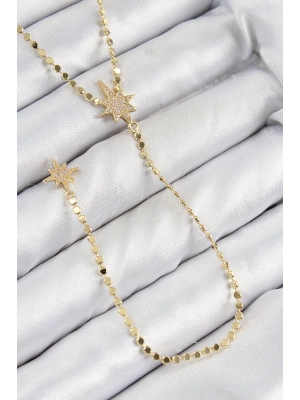 Pirinç Zirkon Taşlı Ezme Zincirli Kutup Yıldızı Model Gold Renk Y Kolye