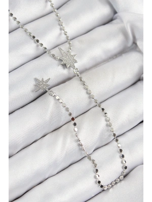 Pirinç Zirkon Taşlı Ezme Zincirli Kutup Yıldızı Model Gümüş Renk Y Kolye