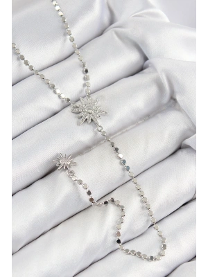 Pirinç Zirkon Taşlı Ezme Zincirli Kutup Yıldızı Model Gümüş Renk Y Kolye