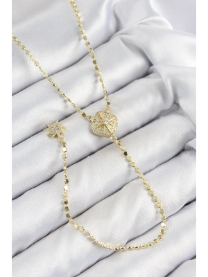 Pirinç Zirkon Taşlı Ezme Zincirli Madalyon Model Gold Renk Y Kolye