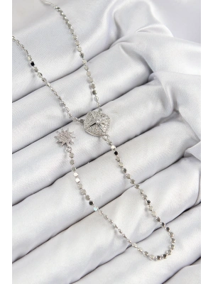 Pirinç Zirkon Taşlı Ezme Zincirli Madalyon Model Gümüş Renk Y Kolye