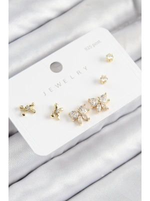 Pirinç Zirkon Taşlı Fiyonk Model Gold Renk 925 Ayar Gümüş Çivi Kadın Küpe Set