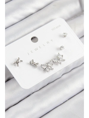 Pirinç Zirkon Taşlı Fiyonk Model Gümüş Renk 925 Ayar Gümüş Çivi Kadın Küpe Set