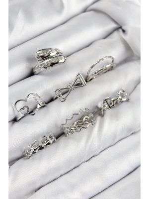 Pirinç Zirkon Taşlı Fiyonk Ve Kalp Model Gümüş Renk Kadın Yüzük Kombin Set