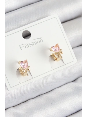 Pirinç Zirkon Taşlı Fiyonklu Kalp Model Gold Renk Çocuk Küpe