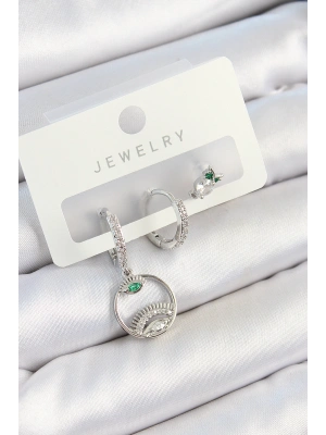 Pirinç Zirkon Taşlı Göz Ve Baykuş Model Gümüş Renk 3lü Çift Kadın Küpe Set