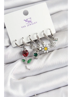 Pirinç Zİrkon Taşlı Gül Ve Papatya Model Gümüş Renk 3lü Çift Kadın Küpe